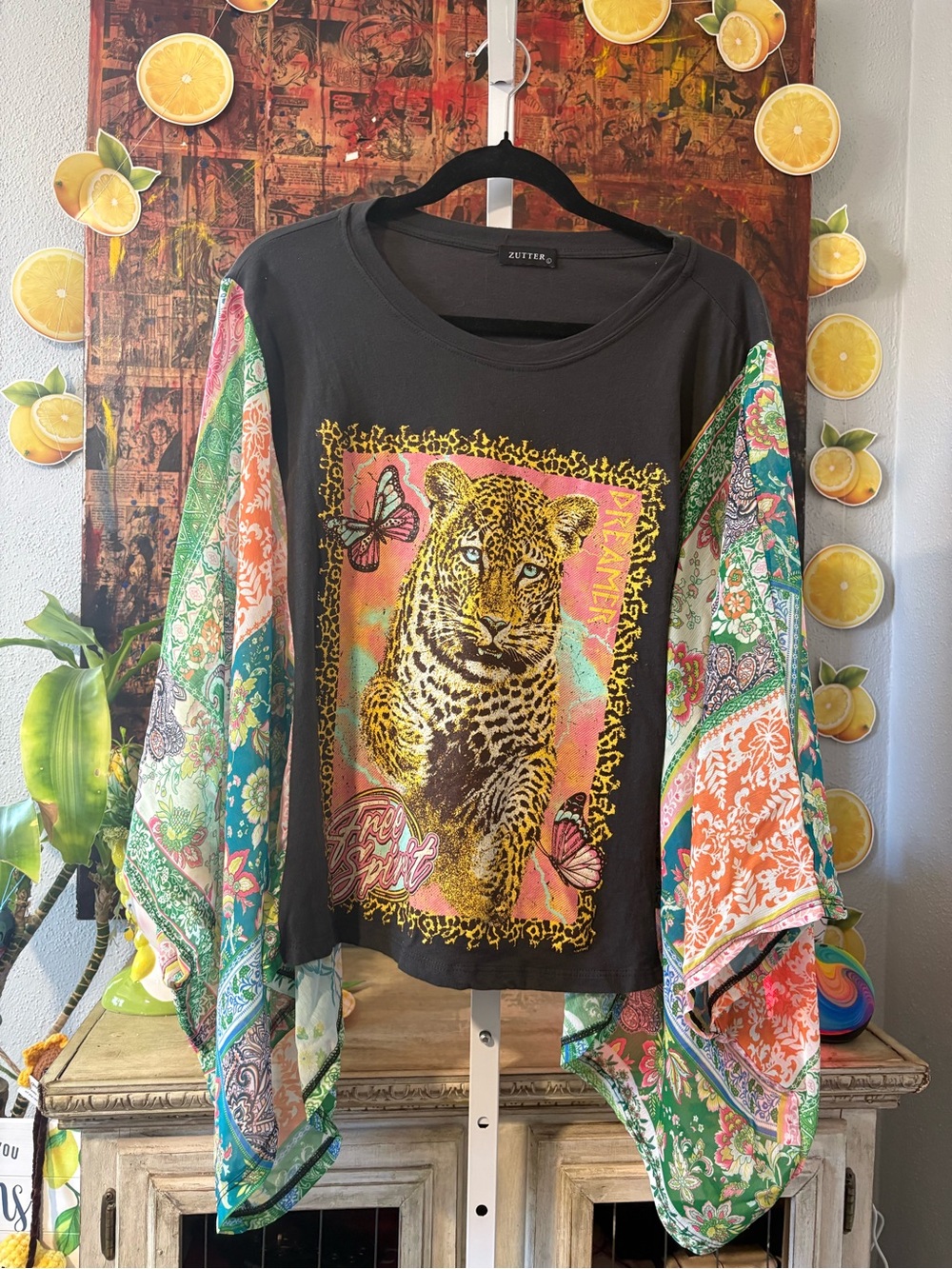 Zutter Leopard Graphic Top with Floral Kimono Sleeves UpcycleOSFM